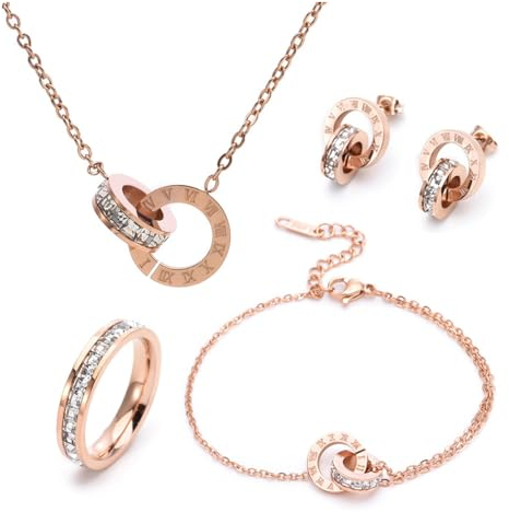 RPAEOY Parure Gioielli per Donna Ragazze Numeri Romani con Zircone Acciaio Inossidabile Placcato Oro Argento Pendente Collana Orecchini Bracciali Anelli Set Gioielli Set Sposa Regalo (Oro rosa)