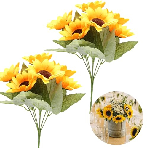 aeaean 2er-Pack Sonnenblumen 14 Köpfe Plastikblumen Kunstblumen Deko Deko Blumen Tischdekoration Blumen Sonnenblumen-Ornament Geeignet für Zuhause Party Büro Möbeldekoration (7 Köpfe/Bündel)