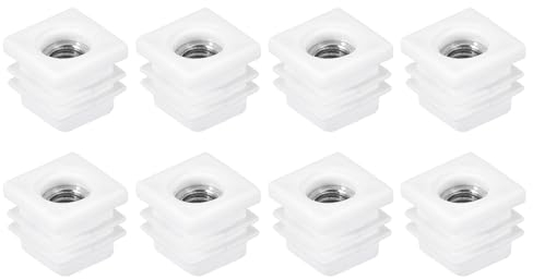 QUARKZMAN Tubes Carrés, 8 Pièces 20 x 20mm - Embout de Chaise en PP avec Filetage M8, Insert Fileté pour Pieds de Meubles, Bouchons d'Extrémité de Tuyau de Chaise Réglables (Blanc)