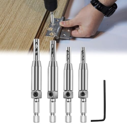 Hinge Drill Bit Set 4Pcs, Self Centering Drill Bits 1/4 Hex Shank Hinge Drill Bit Guide Set for Wood Door Window Cabinet Woodworking Hinge Hardware Pilot Hole Drill Bit (5/64 7/64 9/64 11/64)