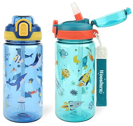 Trinkflasche Kinder mit Strohhalm Auslaufsicher, Raumschiff & Meerestiere | Kindergarten Schule Sport Auslaufsicher Wasserflasche Für Jungen, Einhandöffnung, BPA-frei Spülmaschinenfest 600ml, 2er Set
