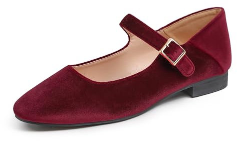Feversole Women's Square Toe Mary Jane Fashion,Punta Quadrata Easy Buckle Tacco Basso Slip On Flats in Borgogna Velvet Taglie 37 EU