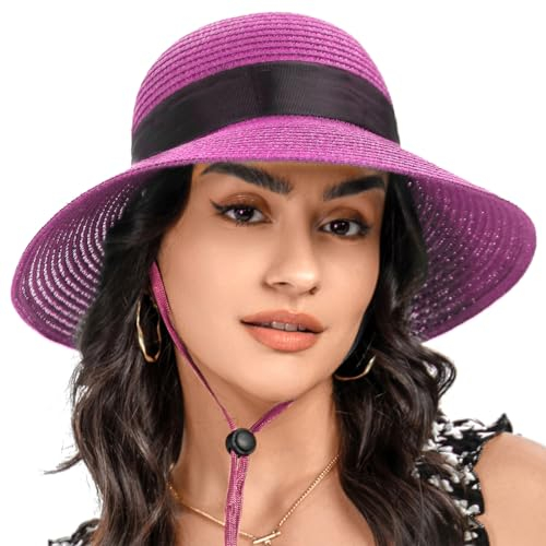 S.ROMZA Sombrero de paja para mujer con cordón de viento, ala ancha, plegable, para playa, verano, protección UV 50+, gorra con lazo, Rose Pink, Talla única