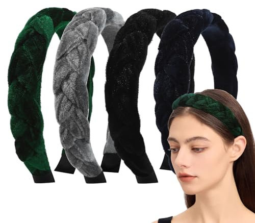 Nenjindz 4 Stück Samt geflochtenes Stirnband für Frauen, breite verdrehte geknotete Stirnbänder Mode weiche Vintage gepolsterte Stirnbänder, Damen traditionelle Kostüm Haarbänder für Frauen Mädchen