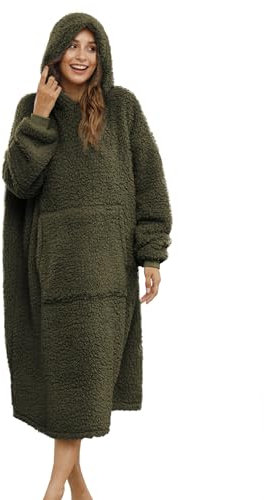 ililmmoe Übergroße Sherpa-Decke mit Kapuze für Damen und Herren, Lange Bequeme Sherpa-Decke, zotteliger Pullover, Plüsch, Olive gemütlich, Einheitsgröße
