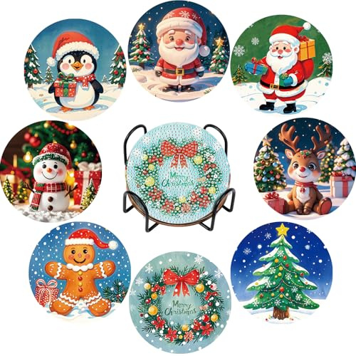 JUNEBRUSHS Diamond Art Painting Untersetzer Weihnachten, 8 Stück Diamond Untersetzer mit Halter Diamond Art Painting Weihnachten Bastelset Erwachsene Weihnachts Geschenk für Tassen Weingläser Vasen