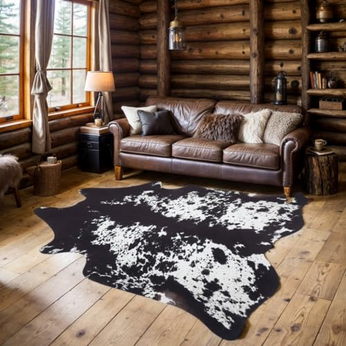 SUNCOWLLY Kuhfell-Teppich, Rindsleder, Rindsleder-Teppich, Western-Dekor, Tier-Kuh-Druck, Teppich für Wohnzimmer, Schlafzimmer, Büro, Schwarz und Weiß, 1,5 x 1,8 m