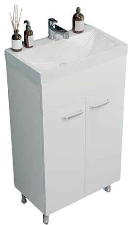 Mineralguss Waschbecken mit Unterschrank 46x85x28 cm (BxHxT) Lerma, Badezimmerschrank Stehend, Waschtisch mit Unterschrank, Badezimmermöbel für Gäste WC, Waschbeckenunterschrank Weiß Hochglanz