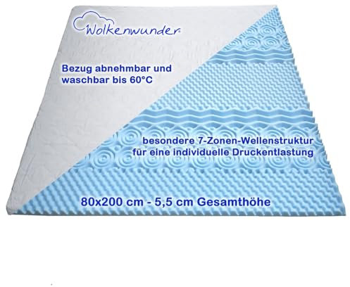 Wolkenwunder Topper Perfect Protect 80x200 cm 5,5cm hoch 7-Zonen-Wellenstruktur | individuelle Druckentlastung | Bezug waschbar bis 60 Grad | Oeko-TEX® 100