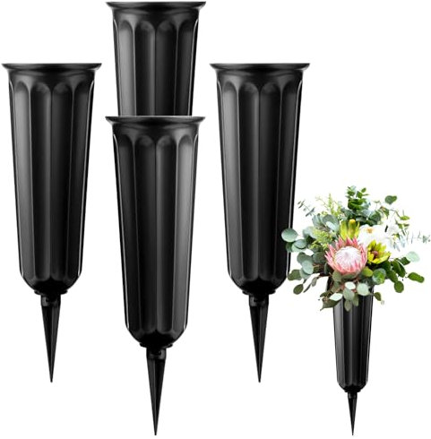 4Pcs Grave Vases with Spikes - Memorial Grave Flower Pots Black Strong Plastic Flower Holders Cemetery Ornaments Fresh or Artificial Flowers Vases for Headstone Graveside