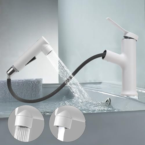 VirtuGro Grifo de Lavabo con Ducha Extraíble de 3 Modos Grifo Fregadero Extensible con Aireador Grifo Lavabo Acero Inoxidable Grifo Monomando Lavabo Mezclador Frío y Caliente Gris/Nero (Blanco)
