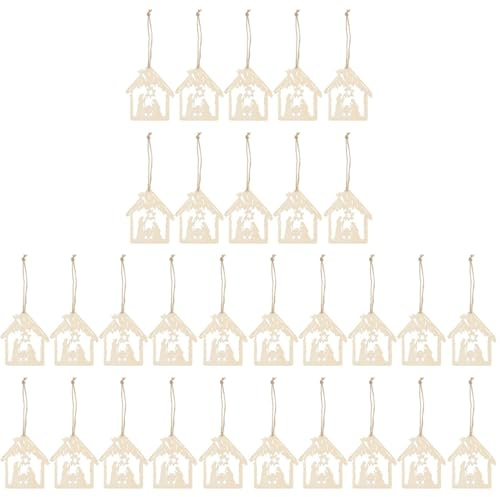 Warmhm 60Stück Holz Jesus Krippen Anhänger Set Weihnachten Religiöse Holzscheiben Mit Seil - Dekorative Ornamente Für Baum - Wand Und Fenster Handgefertigt in Khaki Für Festliche Dekoration