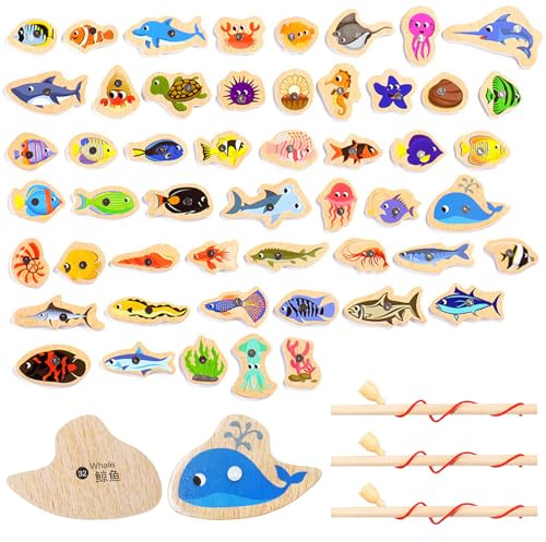 Sxutop 54 Stück Magnetisches Angelspiel Holzspielzeug Angeln Spielzeug Holzpuzzles Lernspielzeug mit Zwei Holz Angelrute Montessori Spielzeug Kinder Geschenk Für Mädchen und Jungen Kinderspiele