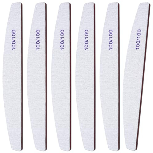 6Pcs Washable Professional Nail Files, 100/100 Grit Double Sided Nail Files | Fingernail Files for Natural Gel and Acrylic Nails, Half-Moon Fingernail File Manicure Tools Nails Buffing Block