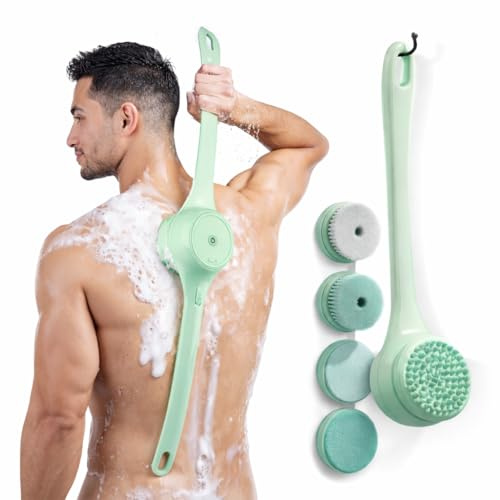 ME JO Electric Body Brush Back Scrubber for Shower | Waterproof Long Handle Silicone with 5 Interchangeable Heads, Dual-Speed Rechargeable Design for Cleansing, Exfoliating & Massaging (Green)