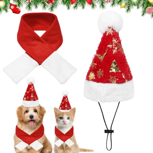 2 Stück Hunde Weihnachtskostüm, WeihnachtsmützeHund HundeSchal, Hunde Santa Mütze Schal, Weihnachtsmütze Haustier Mütze Weihnachten, Haustier Weihnachtskleidung für Hund Welpen Katzen, Rot