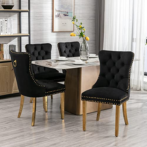 Lot de 4 Chaises de Salle à Manger, Chaise Salle a Manger Haut Dos en Velours, Chaise de Salle à Manger avec Pieds en Acier Inoxydable doré, Décoration Rivets, Supporter Un Poids de 130kg, Noir + Or