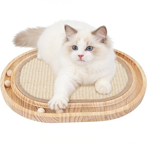ROYUEXT Sisal-Kratzbrett und Kugelbahn 2-in-1 für Katzen mit 4 Holzkugeln | Robuste Kratzmatte aus Natur-Sisal