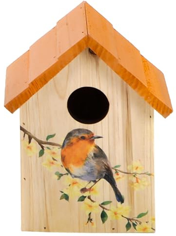Vogelhaus/Nistkasten aus Holz zum Hängen oder Stellen, für kleinere Vögel wie Spatzen, Meisen etc., seitlich zu öffnen, rundes Einflugfenster Ø ca. 3,2 cm, fest verschraubter Aufhänger (Orange)
