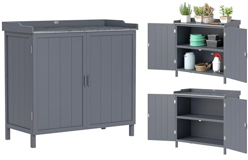Outsunny Armoire de Rangement de Jardin sur Pied avec Double Porte Gris | Table de Rempotage 2 en 1, Étagère Intégrée, Plateau en Métal Galvanisé