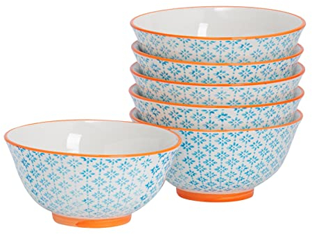 Nicola Spring Patterned Cereal Bowls - Blue - 16cm - Pack of 6 - Hand Printed Japanese Style Porcelain Serving Bowls for Dessert, Pasta, Cereal, Salad, Noodles, Soup