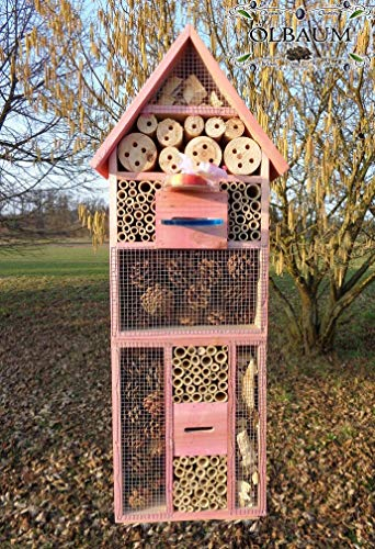XXL XXL INSEKTENHOTEL MIT TRÄNKE SDV-Host-OS und FUTTERPLATZ, Futterstelle, in hellrot PINK, ROSArot Nisthotel Hoch für Nützlinge im Garten Marienkäfer
