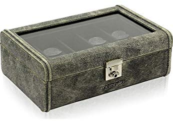 Friedrich|23, Uhrenkoffer, Für 8 Uhren, Echtleder, Vintage-Optik, 29 x 19 x 9,5 cm, Abschließbar, Glasdeckel, Cubano, Grau, 27022-8
