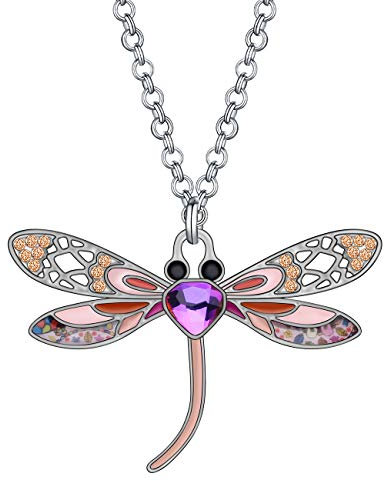 BONSNY Statement Enamel Rhinestone Dragonfly Necklaces Pendant Original Design Gifts for Women Nature lover Jewelry (Rose)