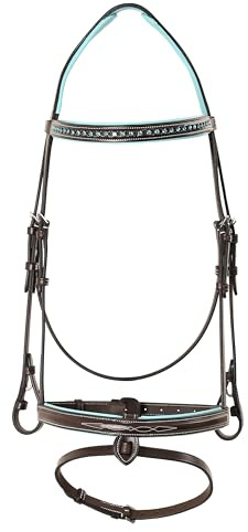 Exion Bling Trensenzaum auf Stirnband und Trense, Nasenriemen mit babyblauem weich gepolstertem Leder, springende Blitz Trensenzaum & Gummizügel | Bling English Trense für Pferde (Havana, Full)