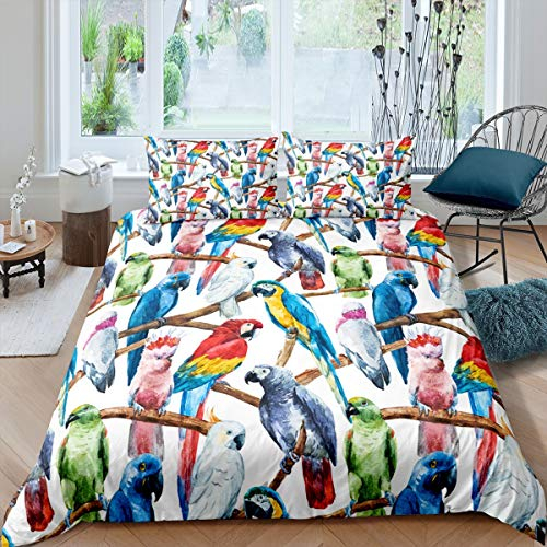 Loussiesd 3D Papagei Muster Bettwäsche Set Vogel Bunt Bettbezug Set Kinder Jungen Mädchen 155x220 cm Microfaser Betten Set mit Reißverschluss und 1 Kissenbezug 80x80 cm