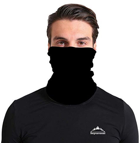 Bergmannswald® umgenähtes Multifunktionstuch - atmungsaktiv und flexibel - Ideal zum Sport, Reisen oder Motorradfahren (Schwarz, 1er Pack)