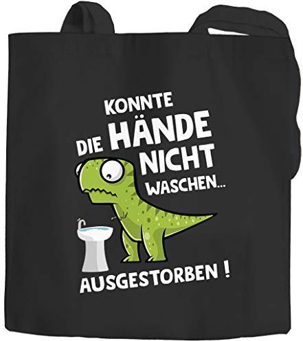 Jutebeutel Jutebeutel Corona Dinosaurier Hände waschen T-Rex Ironie Spruch lustig Baumwolltasche Stoffbeutel Tragetasche schwarz 2 lange Henkel