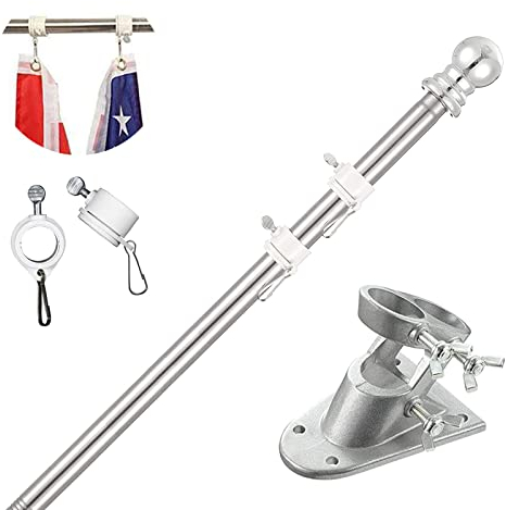 TALITARE Kit Asta Bandiera di Alluminio Argento 180cm con Staffa Asta Bandiera in Acciaio Inossidabile, Set Pennone per Bandiera con Anello Rotanti per Montaggio a Parete Regolabile/Base Argento