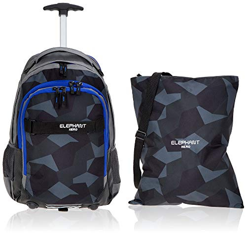 Elephant 2tlg. Set Trolley Schultrolley + Turnbeutel 12771 Cyber Camo Blau | Hero Signature Mädchen Jungen Kinder Schule Rucksack mit Rollen Räder Trolly Turnbeutel Atach Bag Trolleyrucksack