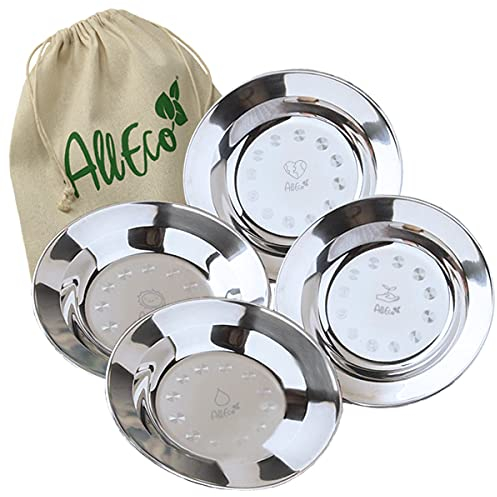 AllEco® Lot de 4 assiettes de camping en acier inoxydable - Profondeur : 22 cm - Mise à jour : avec matériau amélioré - Vaisselle de pique-nique et de camping pour 4 personnes - Assiettes en acier