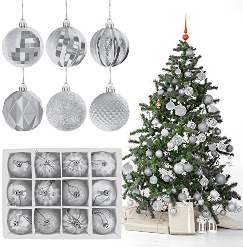 Yisscen Weihnachtskugeln Baumschmuck 12 Stück Weihnachtskugeln Silber Kunststoff, Christbaumkuge, Weihnachtsdeko Weihnachtsbaumkugeln, Dekokugeln für Weihnachten, Party, Hochzeitsfest, ø 6 cm