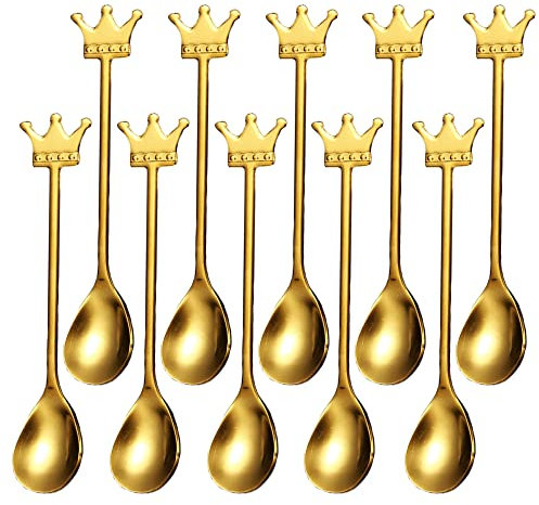 10 Stück Espresso-Löffel, Krone, vergoldeter Edelstahl, Mini-Teelöffel-Set für Kaffee, Zucker, Dessert, Kuchen, Eis, Suppe, Antipasto, Cappuccino