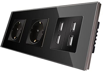 CNBINGO Enchufe Schuko de cristal empotrado con 4 puertos USB de 2,4 A, doble enchufe negro, enchufe de pared doble con marco de cristal