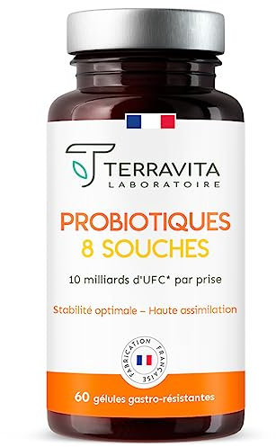 Probiotiques Flore Intestinale | Microbiote et Santé Digestive | 8 Souches Bio-actives dont Lactobacillus Rhamnosus et Acidophilus | 60 Gélules Vegan Gastro-résistantes | Made in France | Terravita