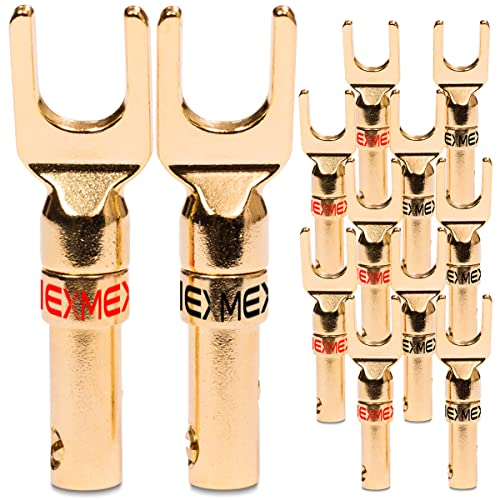 Kabelschuhe NEXMEX High End 12x Stecker für Lautsprecherkabel Gabelschuhe Steckverbinder für Kabel bis 6mm² 24K vergoldet löt- oder schraubbar Flexibler Anschluss für HiFi-Boxen Verstärker Endstufen