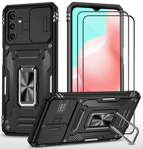 CLYDITE Hülle für Samsung A32 5G handyHülle mit Slide Camera Gehärtetes Glas Schutzfolie [2 Stück] Schützen Ständer Silikon Rüstung Hardcase Stoßfeste Hüllen-Schwarz