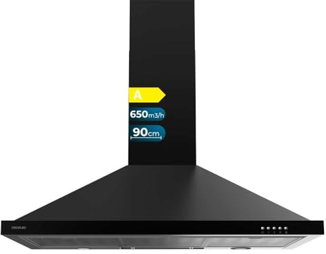 Cecotec Campana Extractora 90 cm Piramidal Bolero Flux PM 906500 Black A. Motor 165W, Acabado Negro, Succión 650m3/h, Control Mecánico, 3 Niveles de Potencia, Luz y Filtro de Carbono