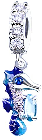 Hippocampus Charms Anhänger 925 Sterling Silber - Blau Anhänger Meerestiere Ozean Leben Charms mit Zirkonia fit europäische Armband und Halskette