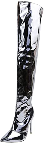 Moda da donna Tinta unita In pelle luminosa laterale cerniera sottile tacco alto sopra il ginocchio stivali da donna tacco piatto stivali alti al ginocchio, Argento, 39 EU