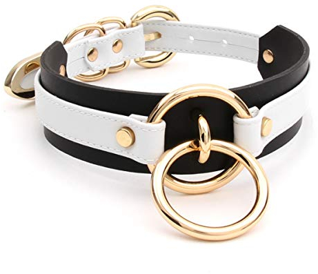 lalatia Damen Halsband O Ring Kunstleder Choker Halskette (Weiß Schwarz Gold)