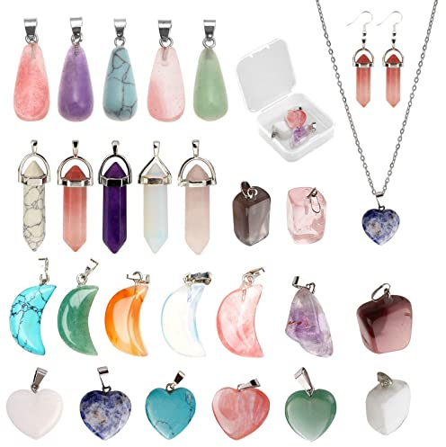 Jodimitty 25 Stück Kristall Stein Anhänger Natürliche Heilkristalle, Herz/Teardrop/Diamant/Mond/Unregelmäßige Form, Kristallsteine Perlen Quarz Charms Steinperlen für Schmuckherstellung