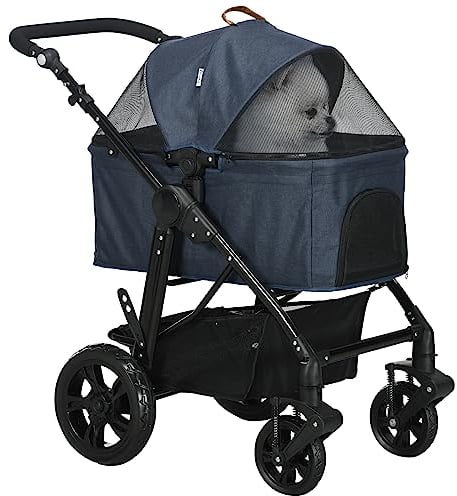 PawHut Hundebuggy 2 in 1 Hundewagen Transporttasche, Klappbarer Katzenwagen, Hundebox, Katzenbuggy mit Meshfenster, bis 10 kg für Kleine Hunde, Oxford, Dunkelblau