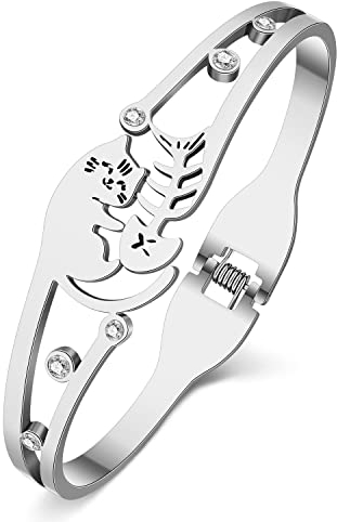 NEWEI Cute Katze Armband Katzen Manschette Armreif 18K Gold Edelstahl Cat Armbänder für Damen Mädchen Schmuck Geschenke Charms (Katze A Silber)