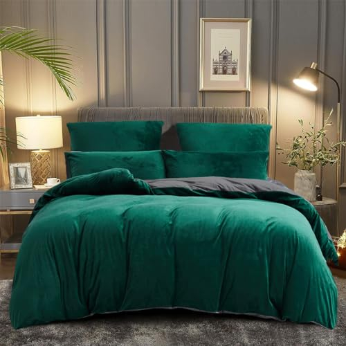 DXHOME Winter Samt Bettwäsche 135x200cm Grün Dunkelgrün Grau Warme Kuschelig Flauschig Coral Fleece Samt Wendebettwäsche Set Modern Bettbezug mit Reißverschluss + 1 Kissenbezug 80x80 cm