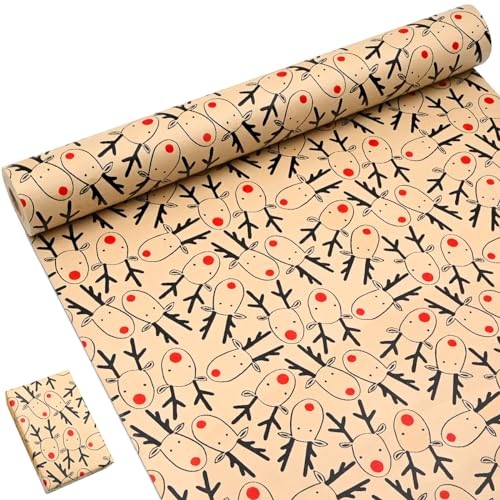 OTMVicor Rouleau de papier cadeau de Noël de 15 m, papier kraft recyclable imprimé avec de jolis bois de cerf pour emballage cadeau d'anniversaire, de mariage, de Noël